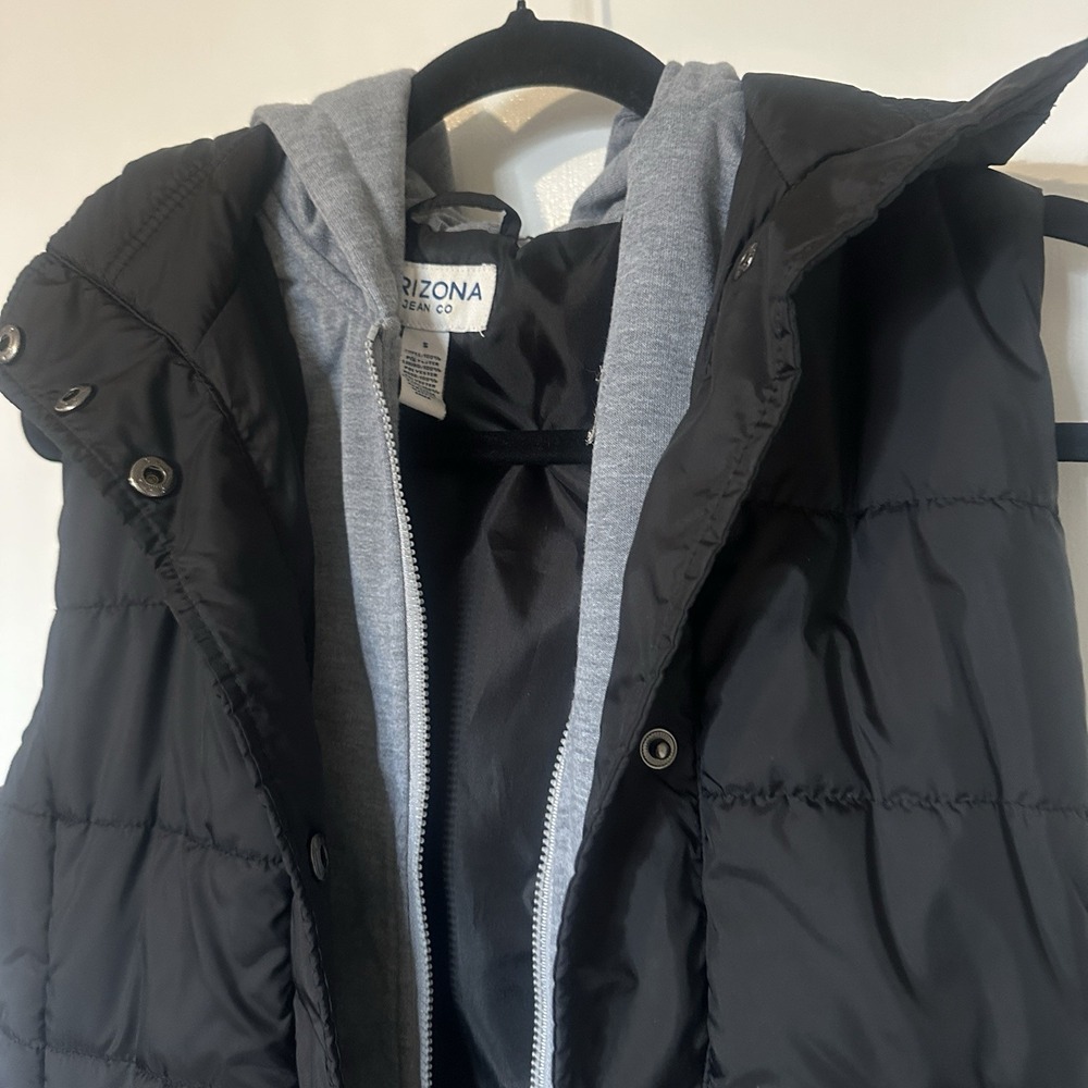 Y2K Arizona Jean Co Women's Black Gray Quilted Puffer Vest Hooded Full Zip‎ S